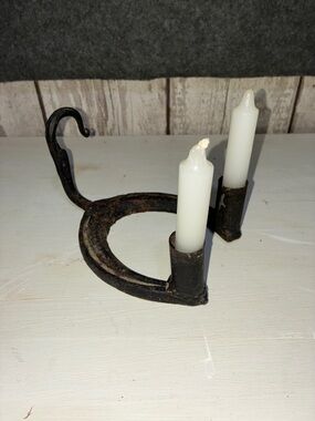 Rustic Black Iron Horse shoe Double Candle Holder
